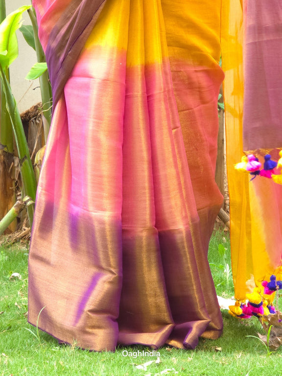 Ombre Sun | Metallic Ombre Handloom Tissue Saree - Oagh India