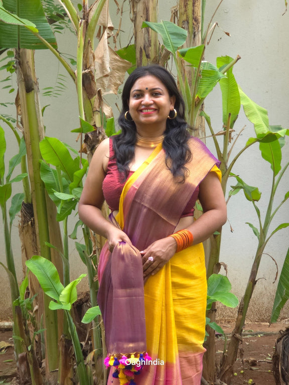 Ombre Sun | Metallic Ombre Handloom Tissue Saree - Oagh India