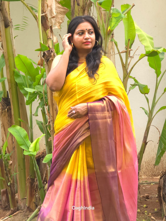 Ombre Sun | Metallic Ombre Handloom Tissue Saree - Oagh India