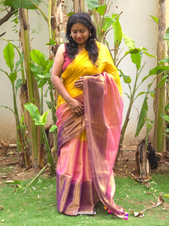 Ombre Sun | Metallic Ombre Handloom Tissue Saree - Oagh India