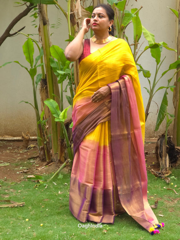Ombre Sun | Metallic Ombre Handloom Tissue Saree - Oagh India