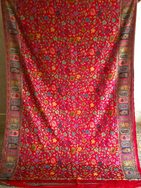 Parijat - Cherry Red Monochrome : Authentic Kashmiri Saree - Oagh India