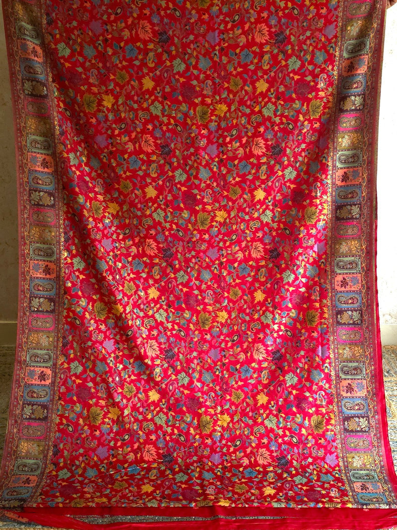 Parijat - Cherry Red Monochrome : Authentic Kashmiri Saree - Oagh India