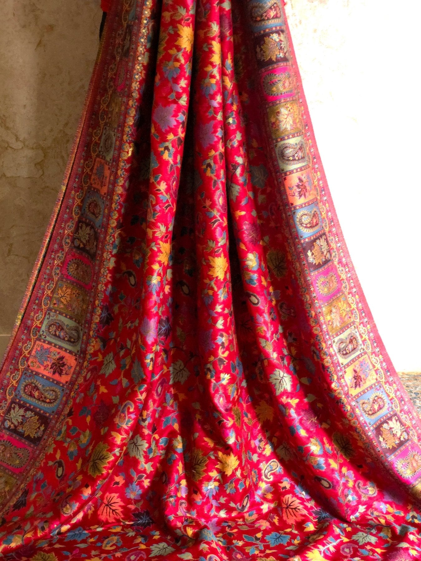 Parijat - Cherry Red Monochrome : Authentic Kashmiri Saree - Oagh India