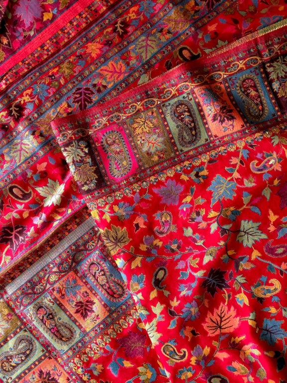 Parijat - Cherry Red Monochrome : Authentic Kashmiri Saree - Oagh India