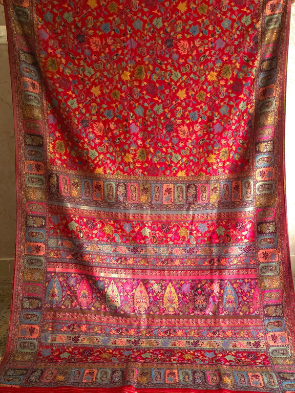 Parijat - Cherry Red Monochrome : Authentic Kashmiri Saree - Oagh India