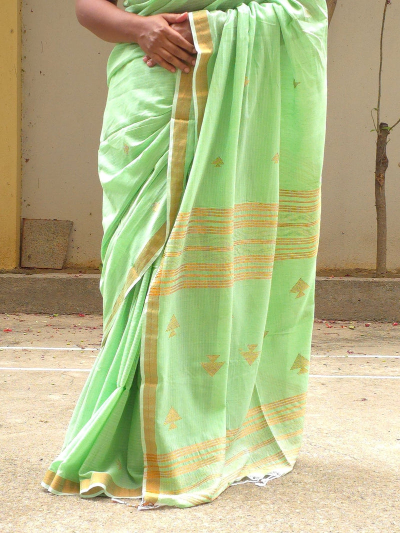 Pavana – Mint Green Cotton Saree with Copper Zari Fish Motifs and Striped Pallu