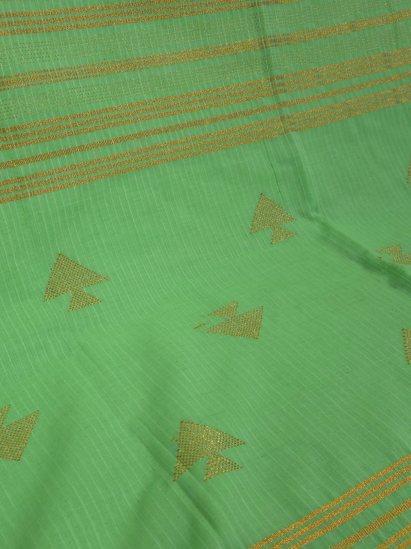 Pavana – Mint Green Cotton Saree with Copper Zari Fish Motifs and Striped Pallu