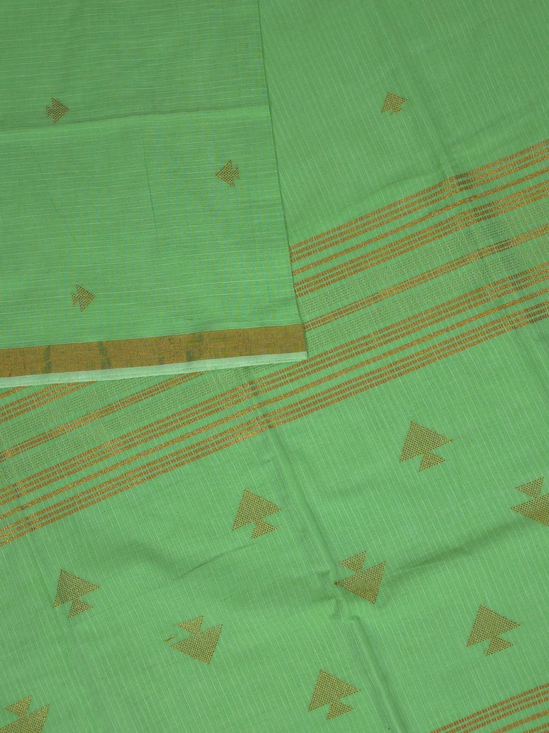 Pavana – Mint Green Cotton Saree with Copper Zari Fish Motifs and Striped Pallu