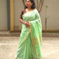 Pavana – Mint Green Cotton Saree with Copper Zari Fish Motifs and Striped Pallu