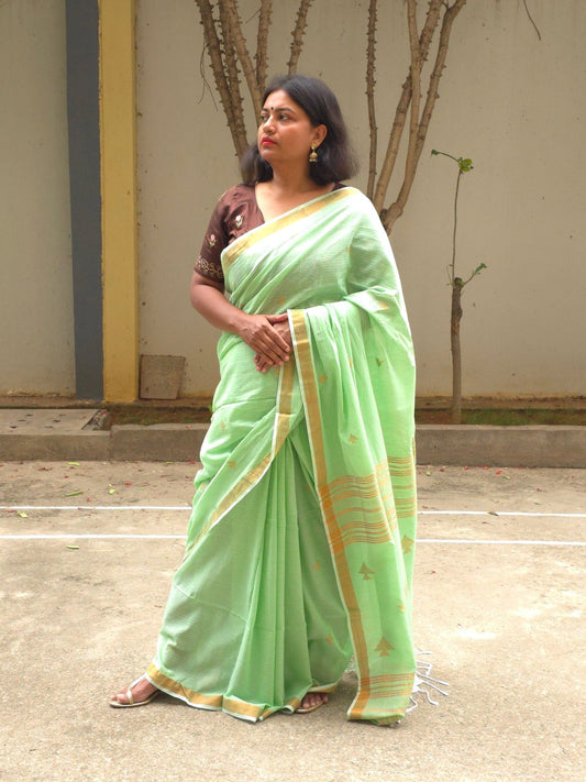 Pavana – Mint Green Cotton Saree with Copper Zari Fish Motifs and Striped Pallu