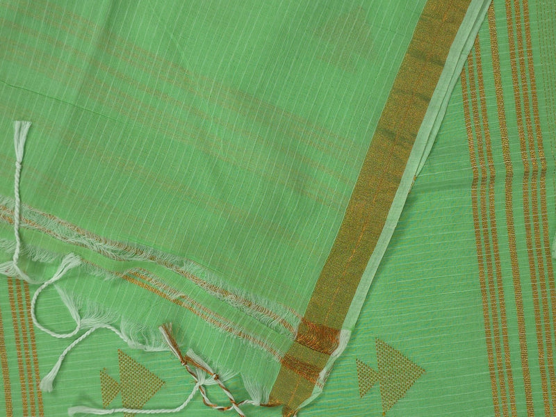 Pavana – Mint Green Cotton Saree with Copper Zari Fish Motifs and Striped Pallu