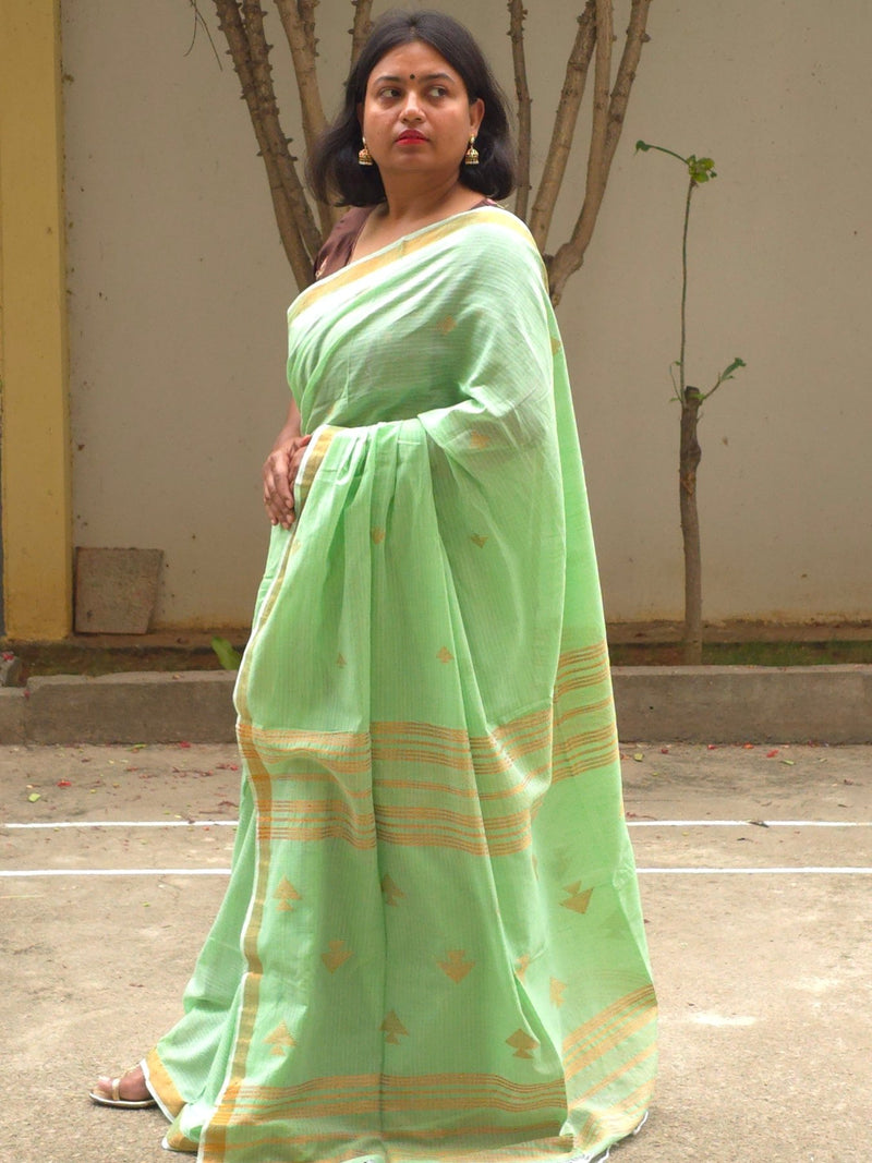 Pavana – Mint Green Cotton Saree with Copper Zari Fish Motifs and Striped Pallu