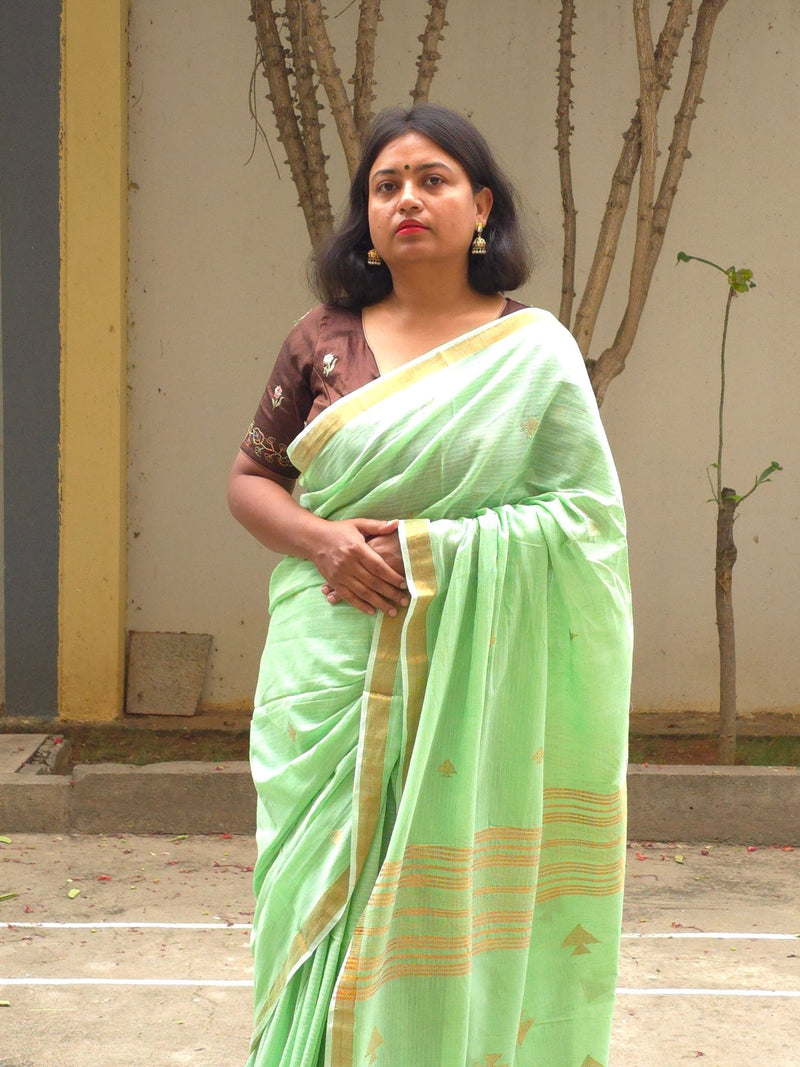 Pavana – Mint Green Cotton Saree with Copper Zari Fish Motifs and Striped Pallu