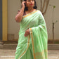 Pavana – Mint Green Cotton Saree with Copper Zari Fish Motifs and Striped Pallu