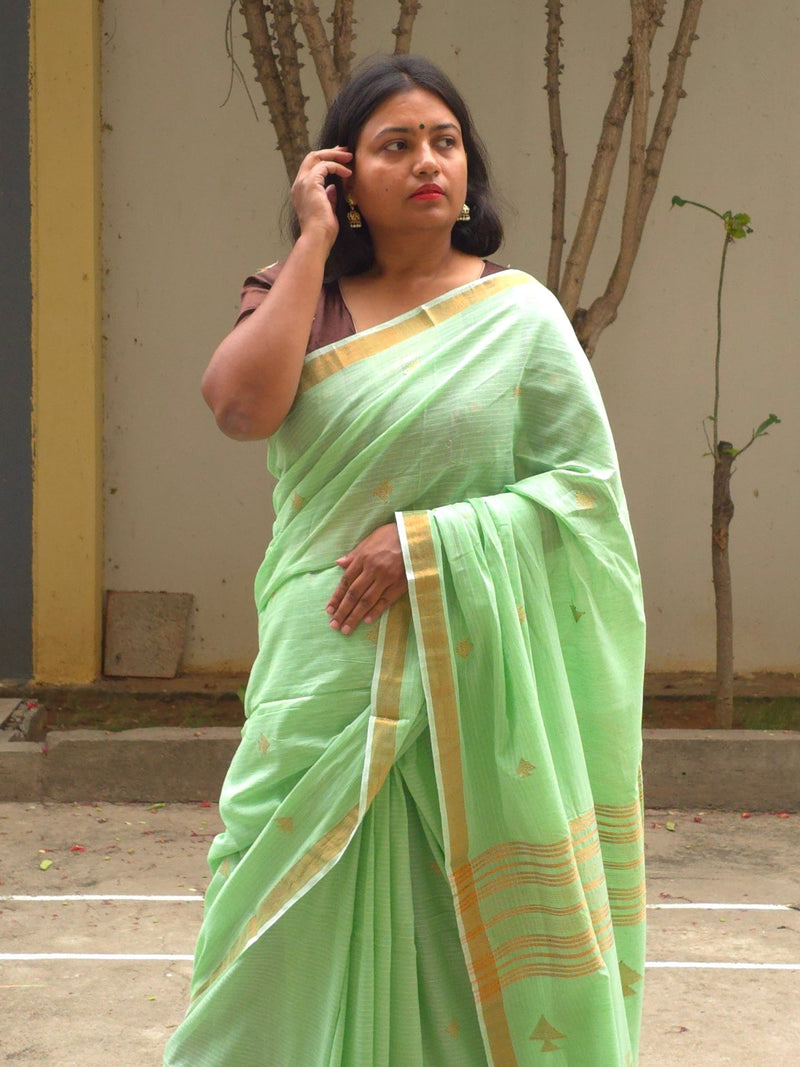 Pavana – Mint Green Cotton Saree with Copper Zari Fish Motifs and Striped Pallu