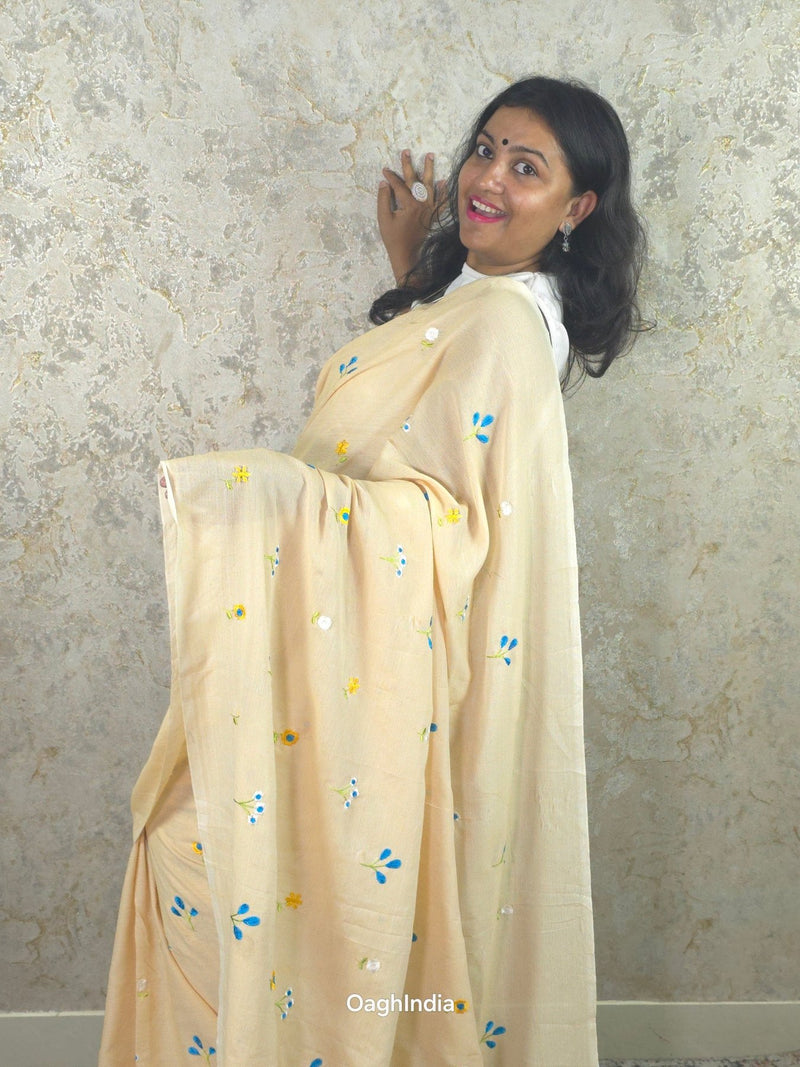 PhoolRani : Soft Cotton flower embroidery saree (Ivory Biege)
