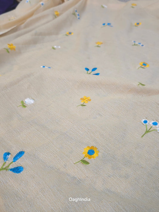 PhoolRani : Soft Cotton flower embroidery saree (Ivory Biege)