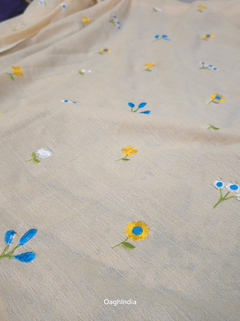 PhoolRani : Soft Cotton flower embroidery saree (Ivory Biege)