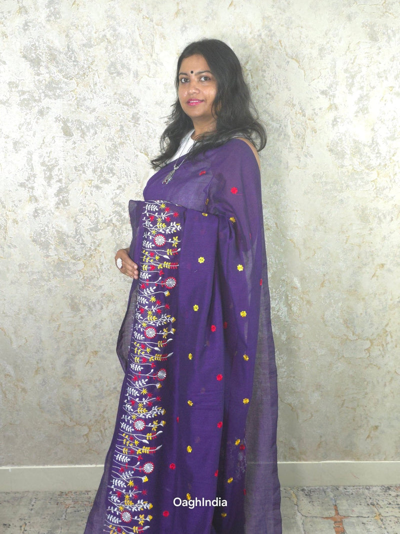 PhoolRani : Soft Cotton flower embroidery saree (Jamun Purple)