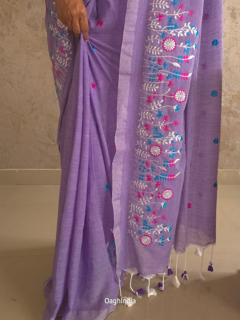 PhoolRani : Soft Cotton flower embroidery saree (Lavender)