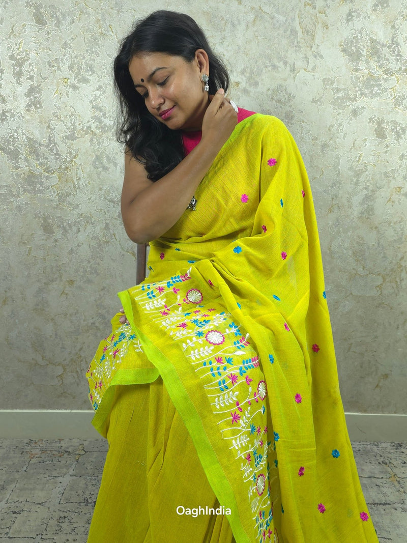 PhoolRani : Soft Cotton flower embroidery saree (Lime Yellow)