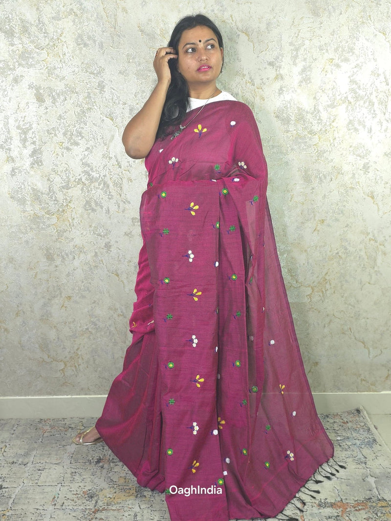 PhoolRani : Soft Cotton flower embroidery saree (Mulberry Magenta)