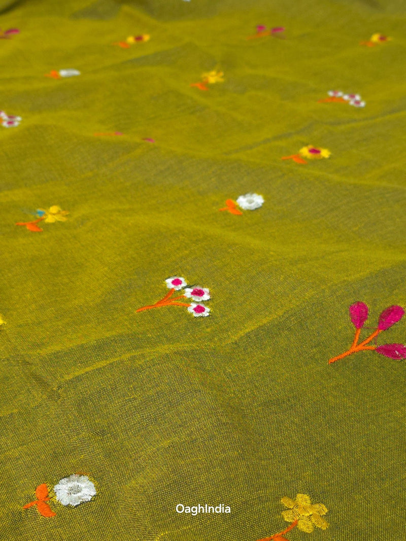 PhoolRani : Soft Cotton flower embroidery saree (Musturd Green)