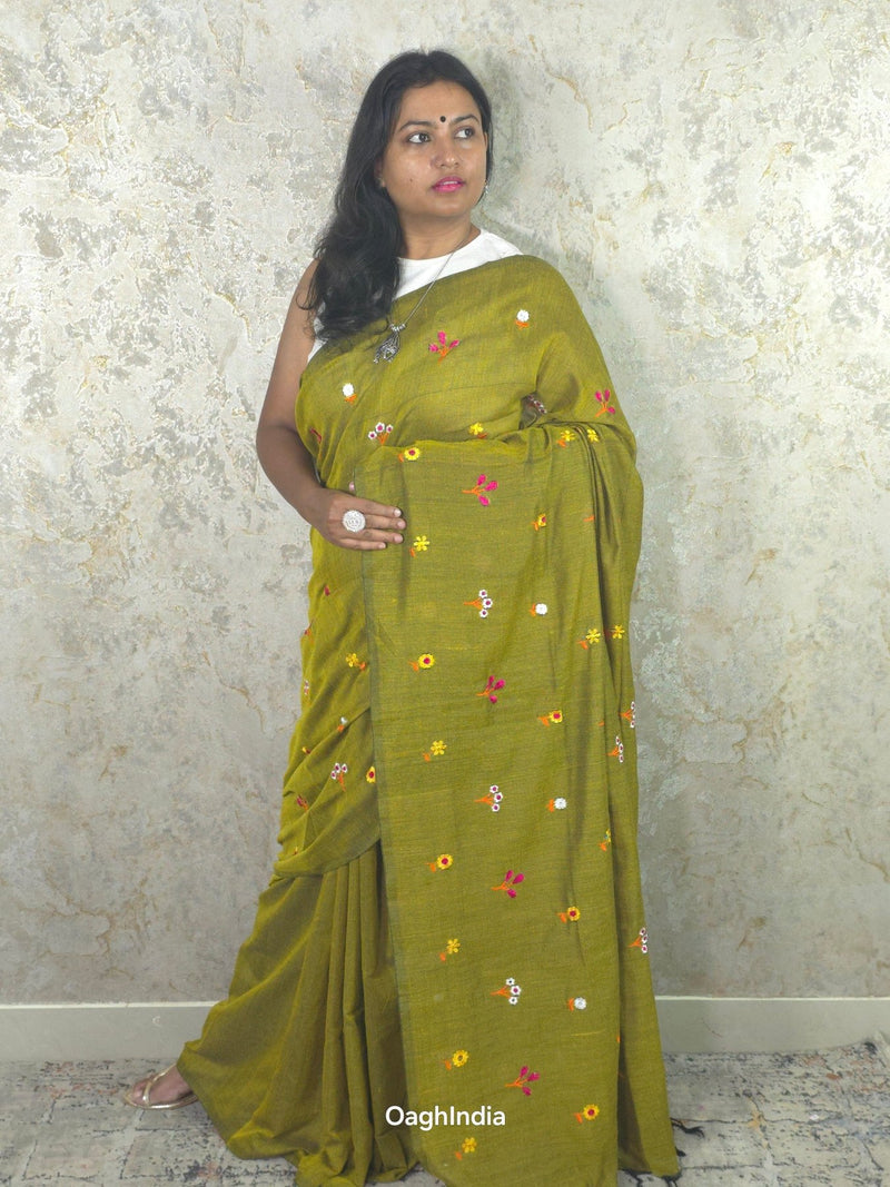 PhoolRani : Soft Cotton flower embroidery saree (Musturd Green)