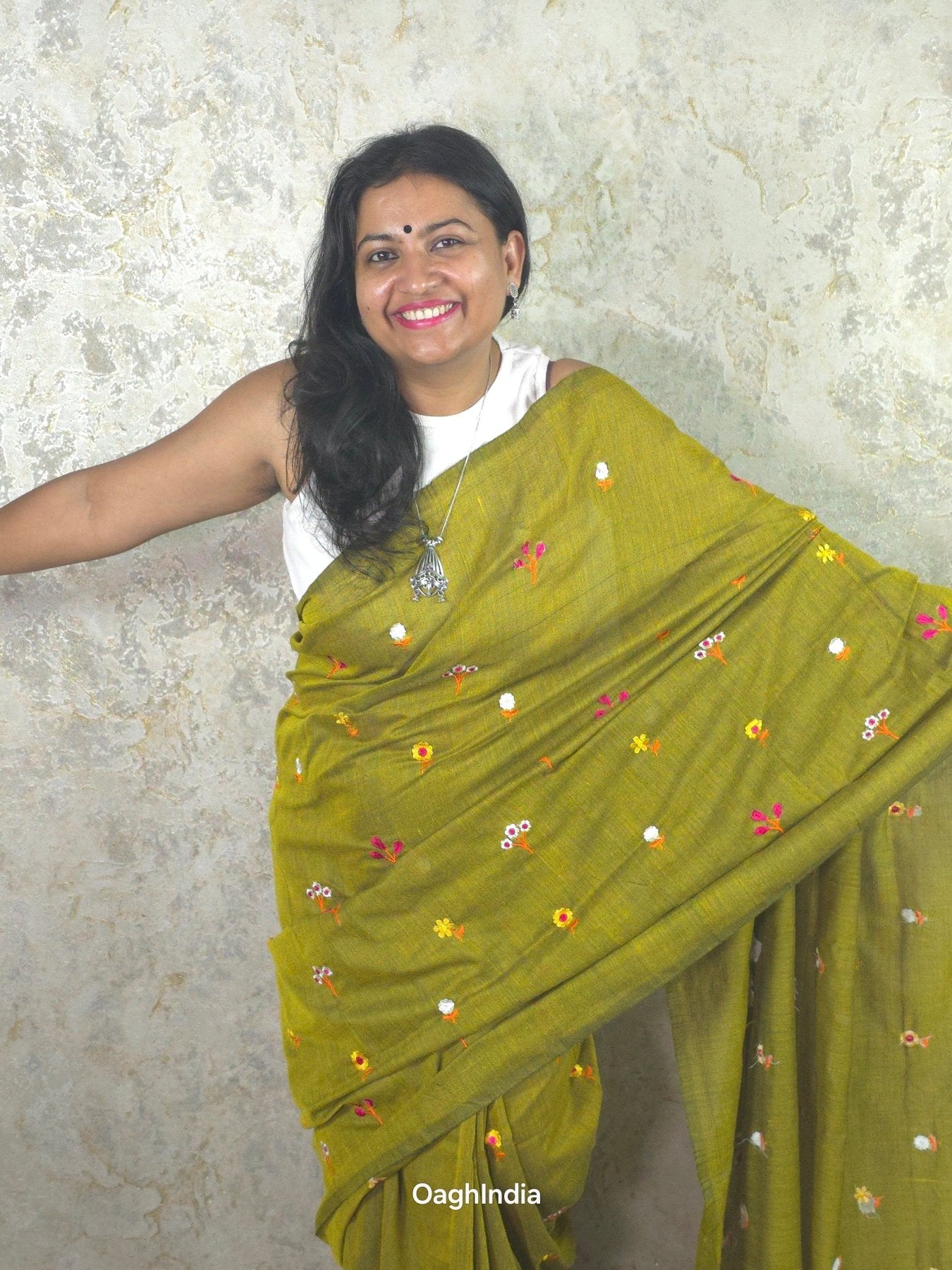 PhoolRani : Soft Cotton flower embroidery saree (Musturd Green)