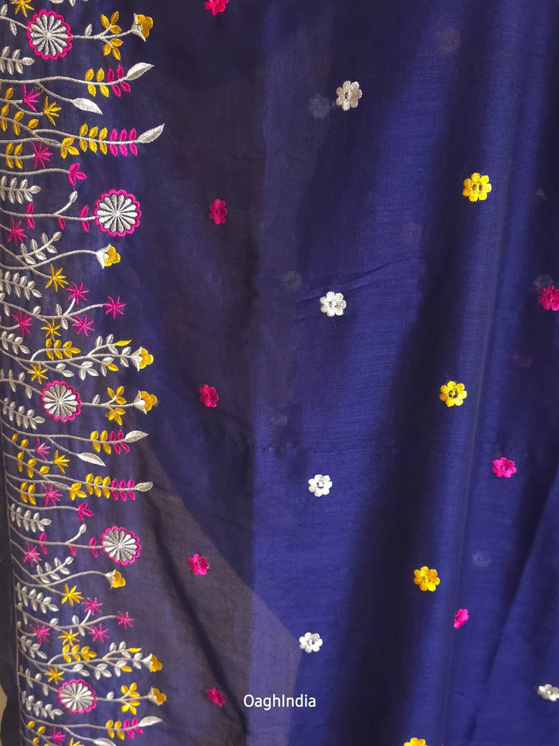 PhoolRani : Soft Cotton flower embroidery saree (Navy Blue)