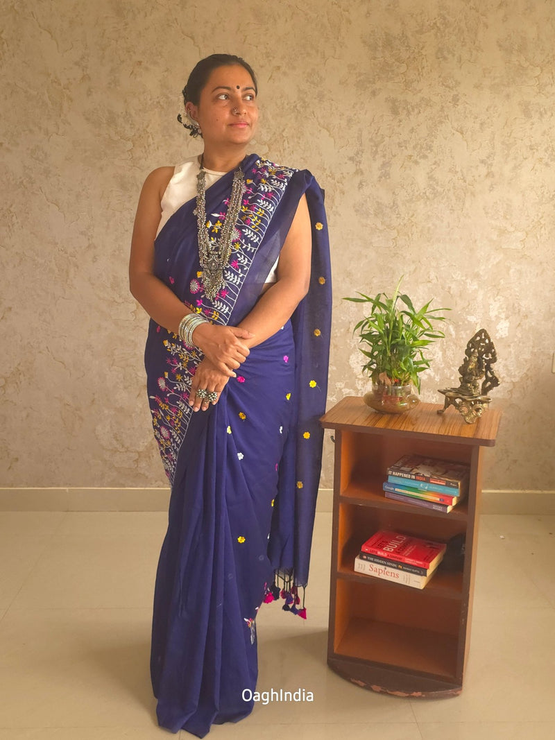 PhoolRani : Soft Cotton flower embroidery saree (Navy Blue)