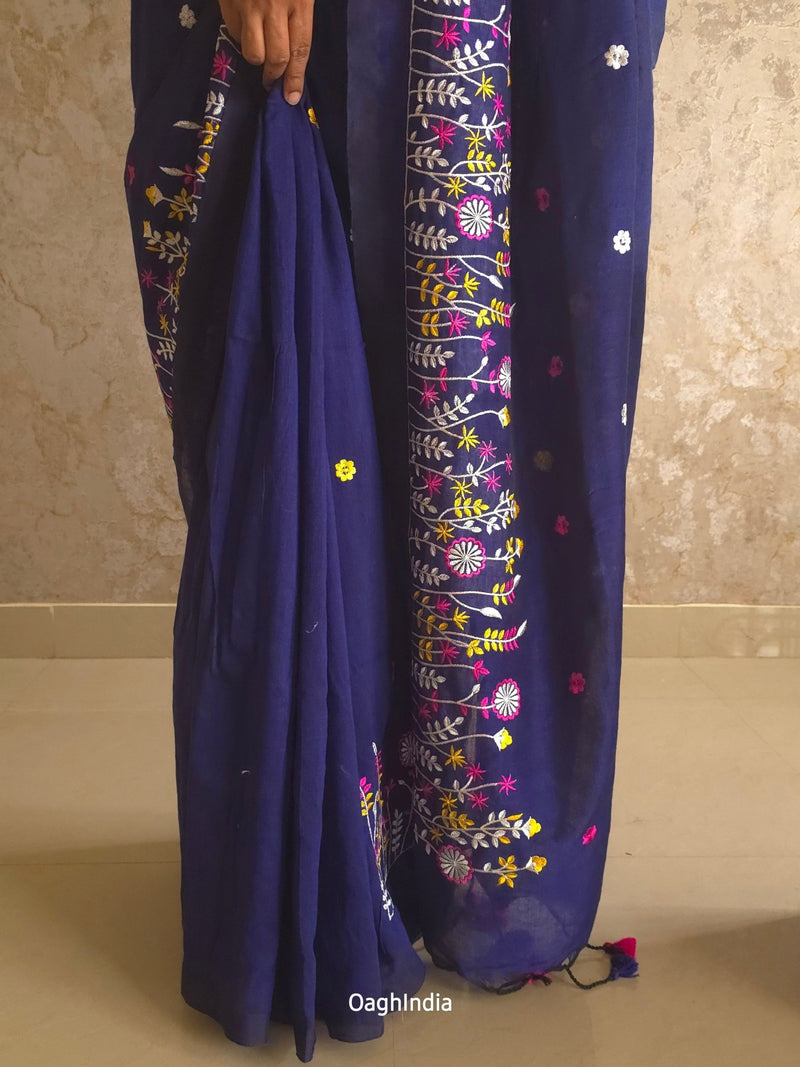 PhoolRani : Soft Cotton flower embroidery saree (Navy Blue)