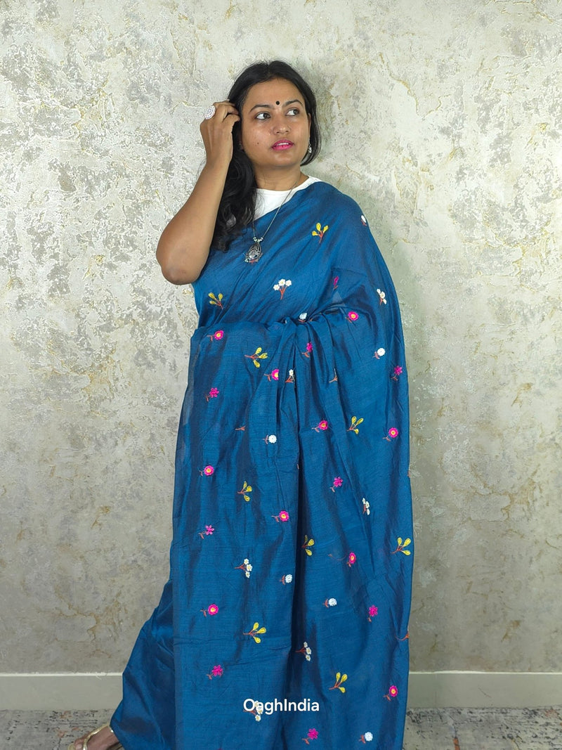 PhoolRani : Soft Cotton flower embroidery saree (Royal Blue)