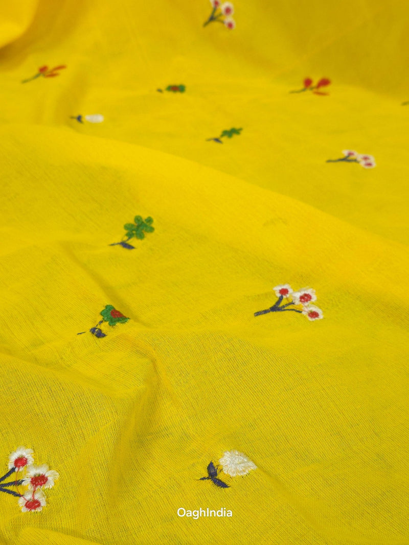 PhoolRani : Soft Cotton flower embroidery saree (Sunflower Yellow)