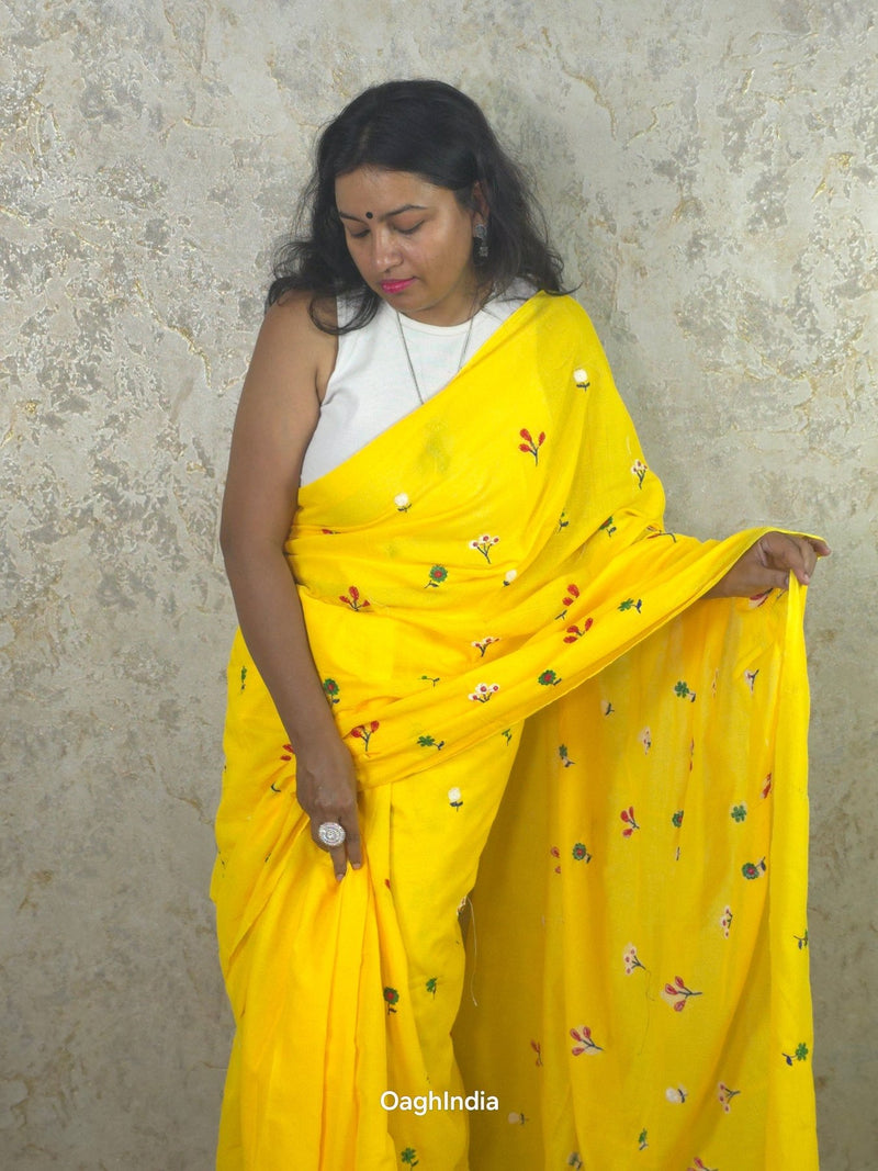 PhoolRani : Soft Cotton flower embroidery saree (Sunflower Yellow)