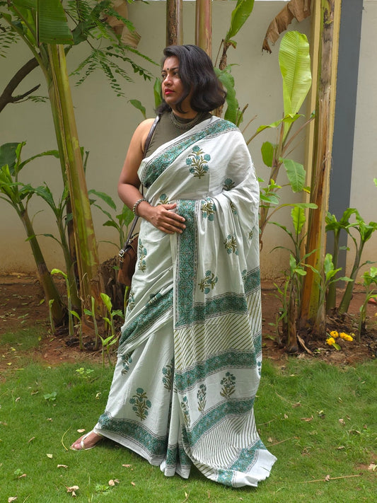 Pista : Bagru Handblocked Pure Cotton Saree