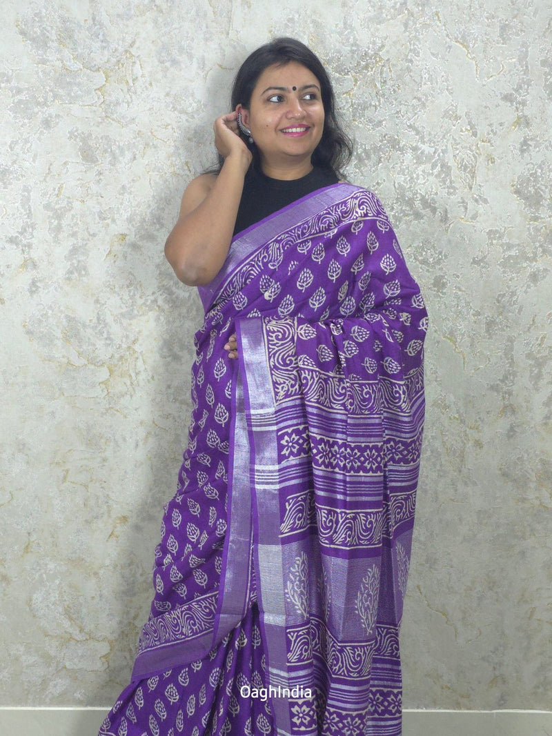 Plum  : Bagru Handblocked Linen Cotton Saree