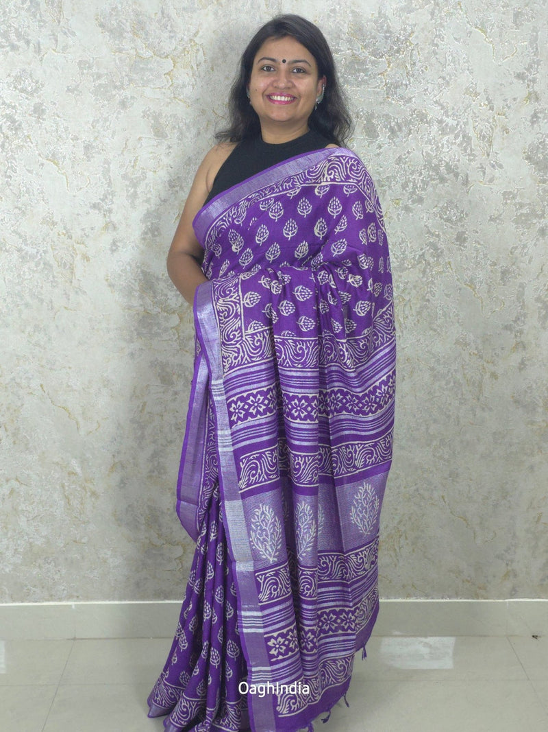 Plum  : Bagru Handblocked Linen Cotton Saree