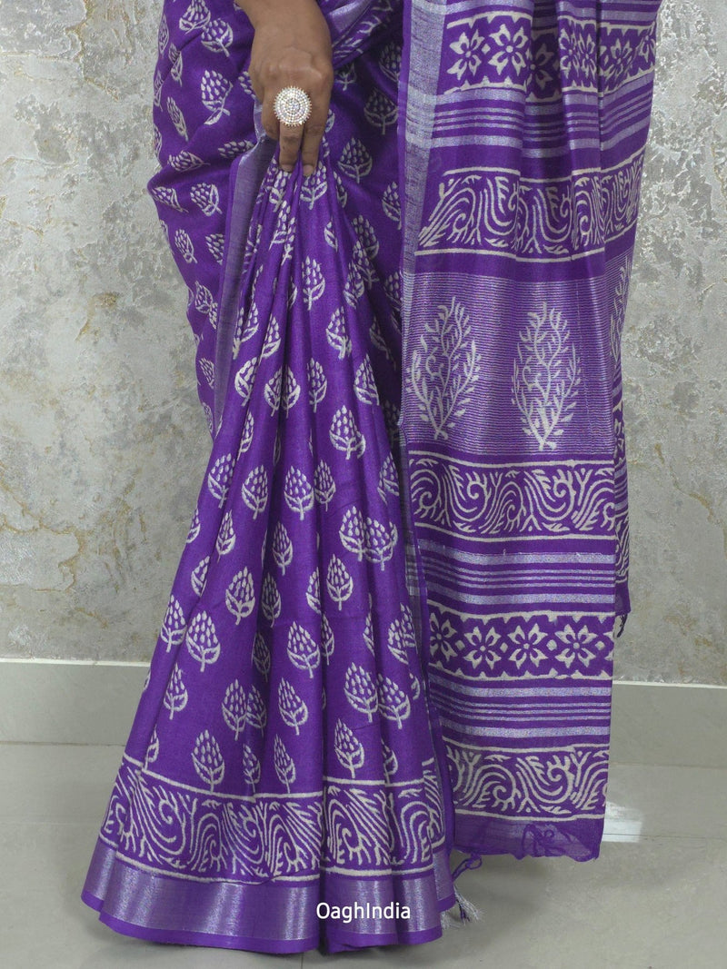 Plum  : Bagru Handblocked Linen Cotton Saree
