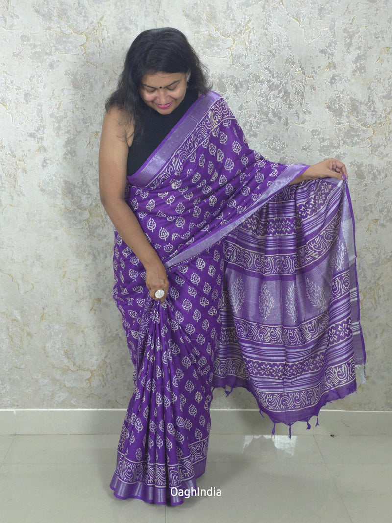 Plum  : Bagru Handblocked Linen Cotton Saree