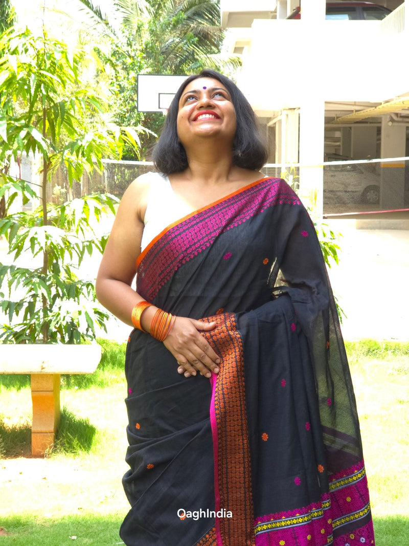 Raayi – Black Handloom Pure Cotton Saree with Magenta Panel and Buti Work