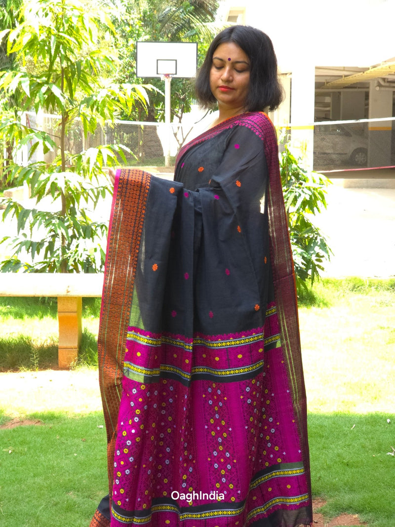 Raayi – Black Handloom Pure Cotton Saree with Magenta Panel and Buti Work