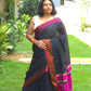 Raayi – Black Handloom Pure Cotton Saree with Magenta Panel and Buti Work