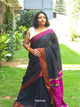 Raayi – Black Handloom Pure Cotton Saree with Magenta Panel and Buti Work
