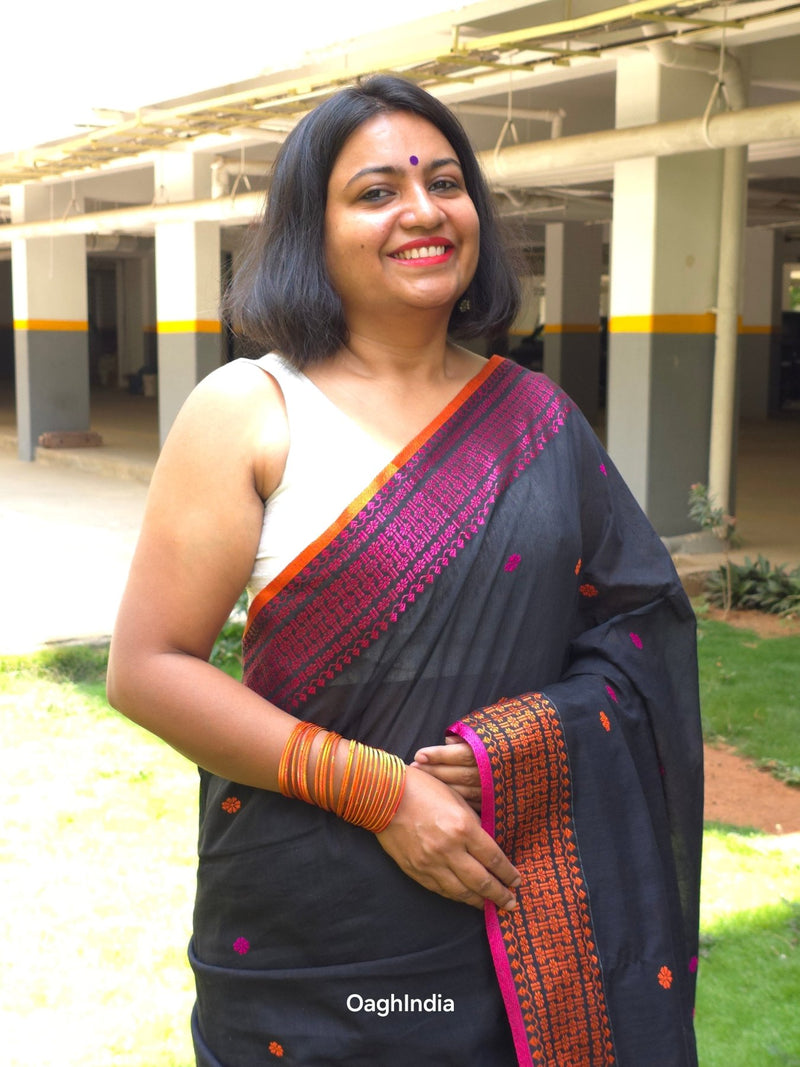 Raayi – Black Handloom Pure Cotton Saree with Magenta Panel and Buti Work