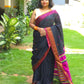 Raayi – Black Handloom Pure Cotton Saree with Magenta Panel and Buti Work