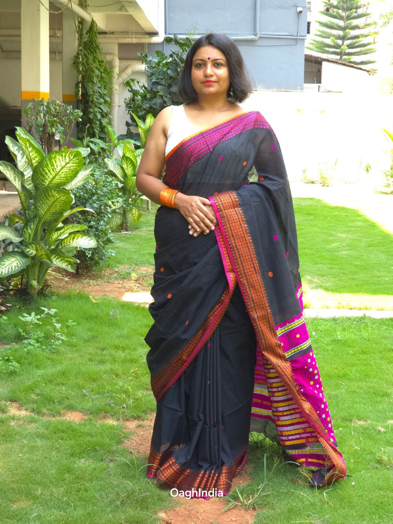 Raayi – Black Handloom Pure Cotton Saree with Magenta Panel and Buti Work