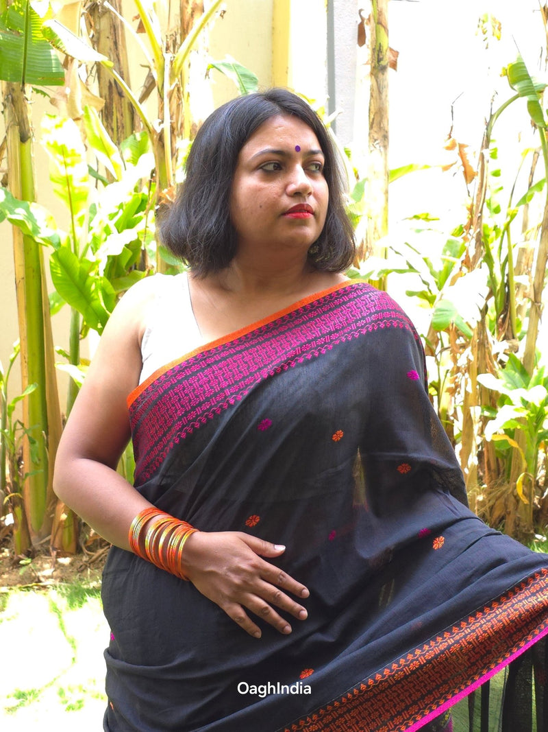 Raayi – Black Handloom Pure Cotton Saree with Magenta Panel and Buti Work
