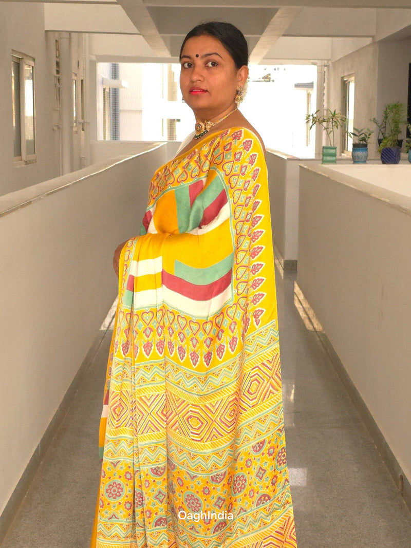 Rangashala : Pure modal silk with ajrakh handblock Brick stripes(Yellow)